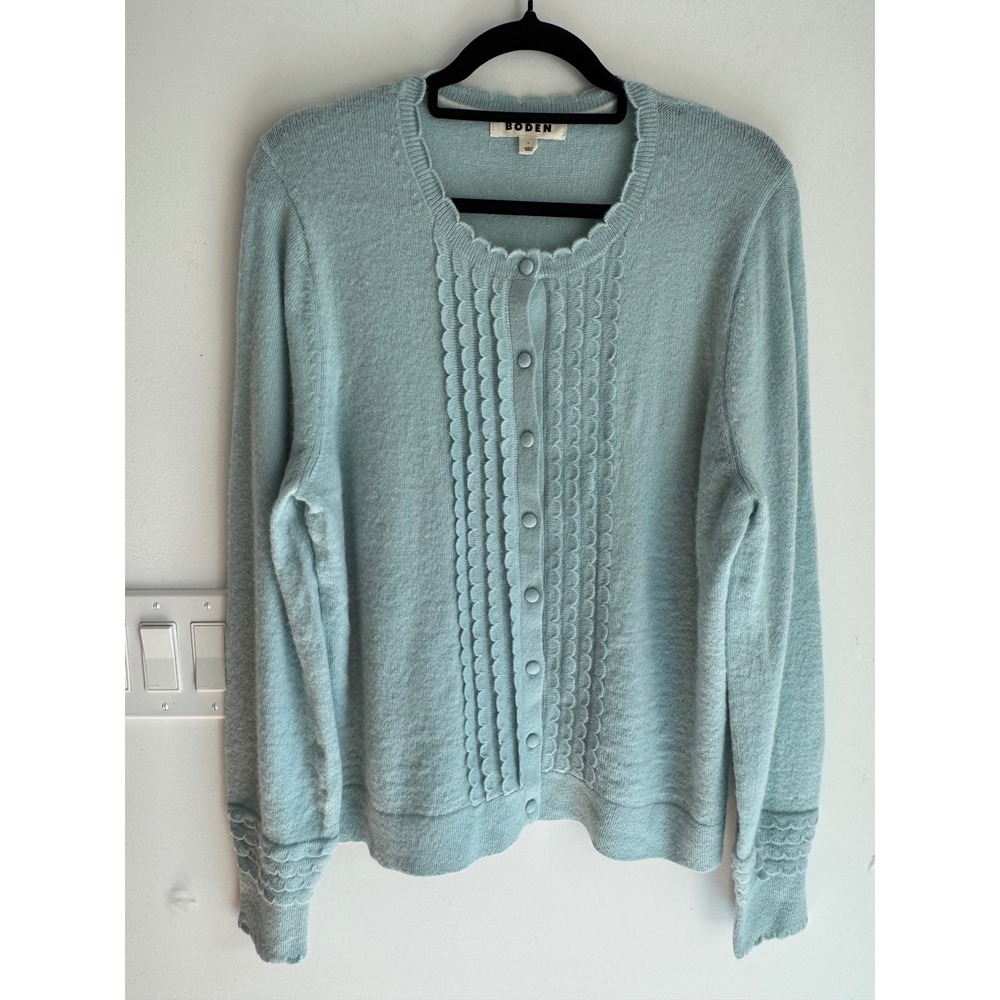 Boden Light Blue Scallop Trim Cardigan Wool Mohair Blend Sweater L